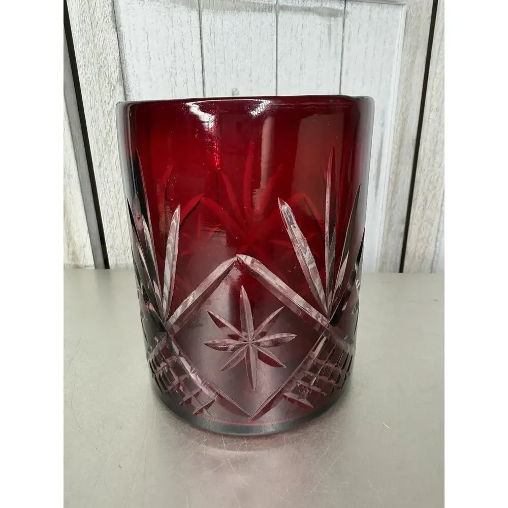 Pottery Barn Red Cut Glass HURRICANE CANDLE HOLDER Ice Bucket Decor Holiday